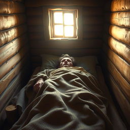 A respectful depiction of a historical figure lying on a bed in a humble hut, covered with a detailed and textured blanket