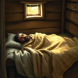 A respectful depiction of a historical figure lying on a bed in a humble hut, covered with a detailed and textured blanket