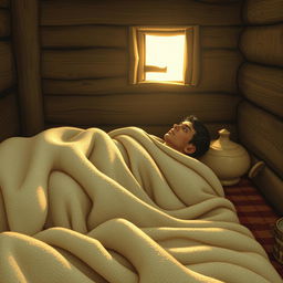 A respectful depiction of a historical figure lying on a bed in a humble hut, covered with a detailed and textured blanket