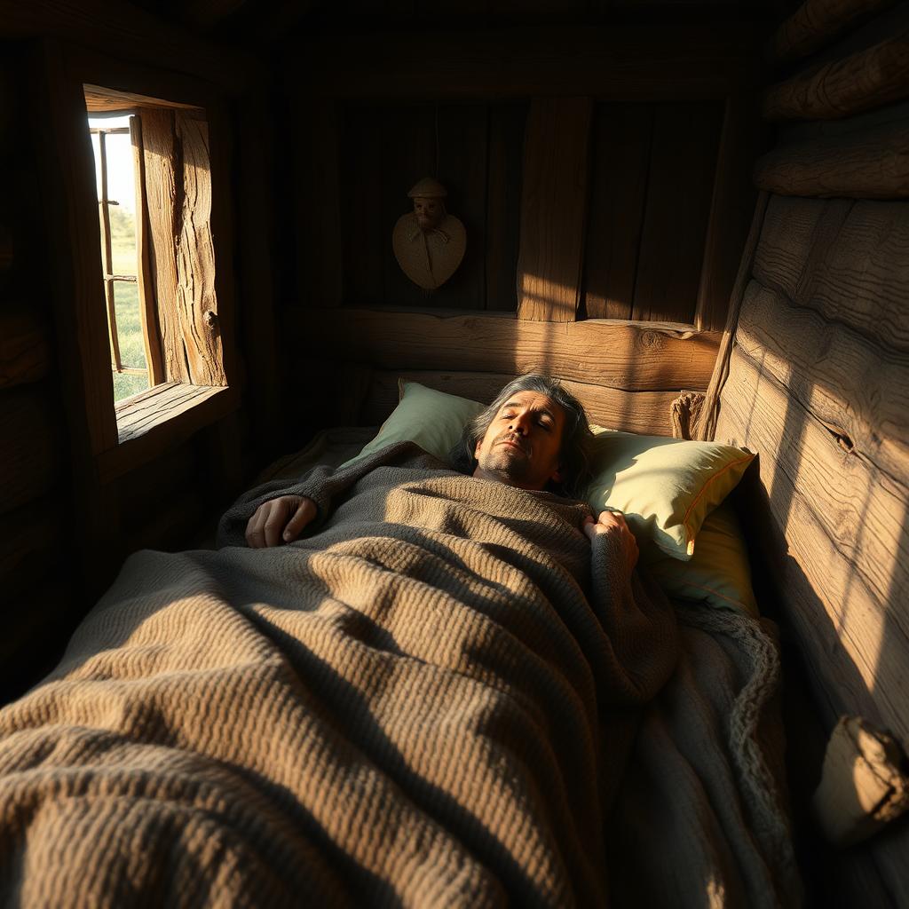 A respectful depiction of a historical figure lying on a bed in a humble hut, covered with a detailed and textured blanket