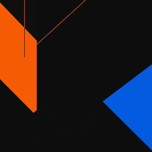 A professional-looking composition featuring a black background with elegant lines and minimalist geometric shapes in vibrant blue and orange