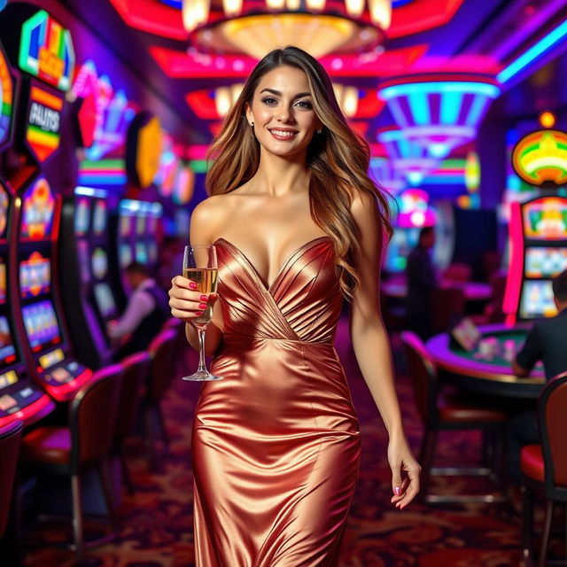 A stunning and glamorous young woman dressed in an elegant evening gown, confidently walking through a luxurious casino filled with bright lights and vibrant colors