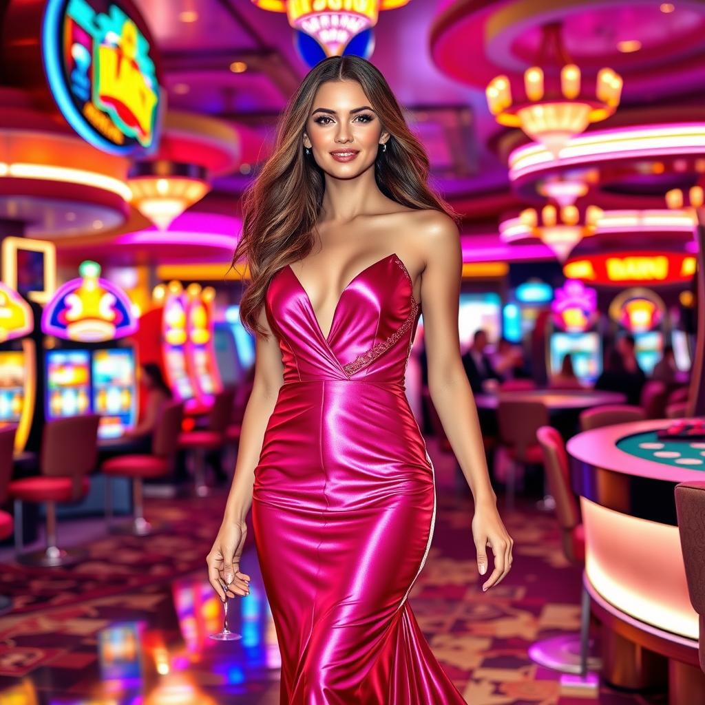 A stunning and glamorous young woman dressed in an elegant evening gown, confidently walking through a luxurious casino filled with bright lights and vibrant colors