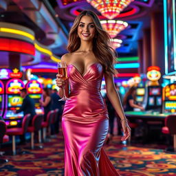 A stunning and glamorous young woman dressed in an elegant evening gown, confidently walking through a luxurious casino filled with bright lights and vibrant colors