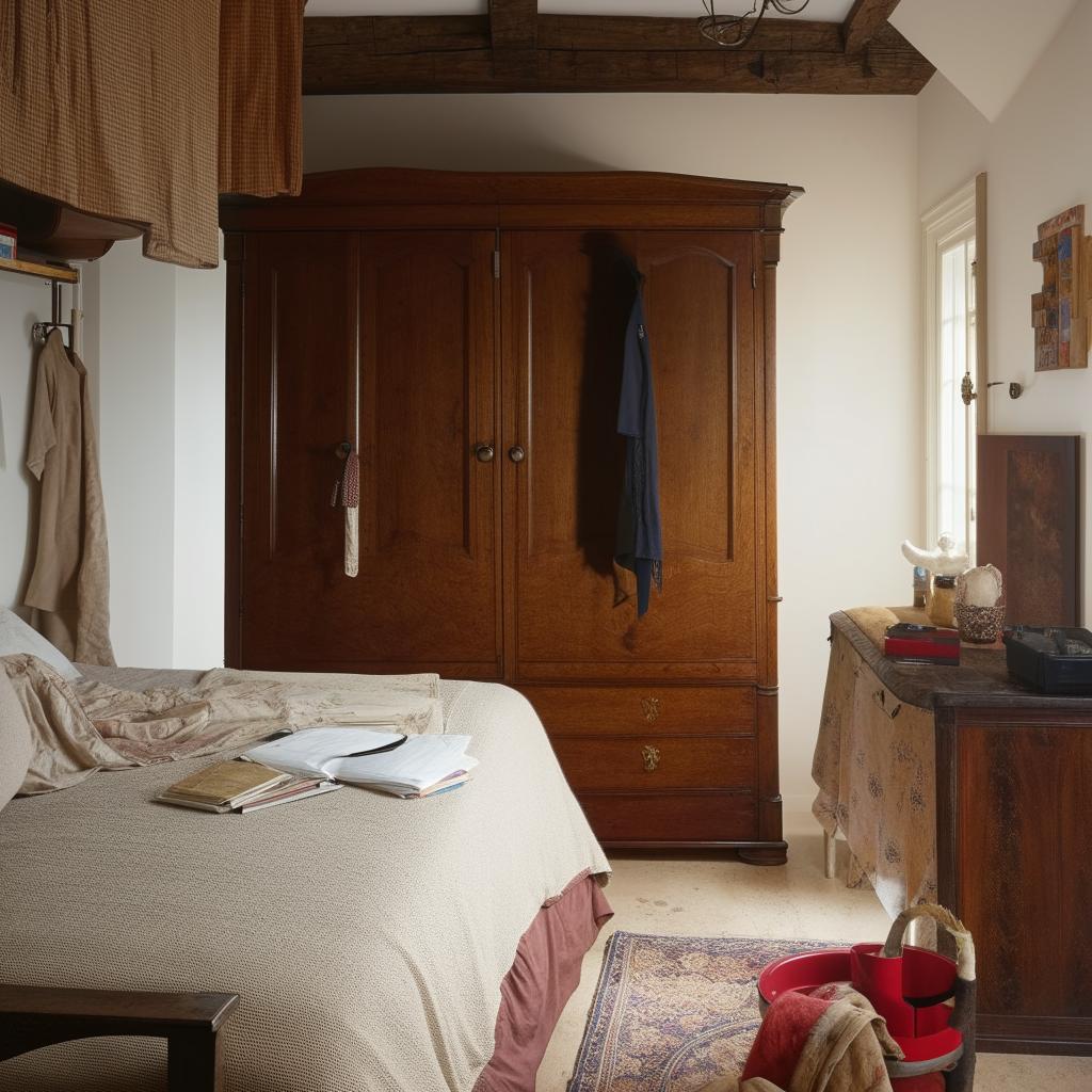 A cozy bedroom featuring a fluffy, inviting bed, an antique wardrobe brimming with clothes, and a dedicated study table complete with task lamp and various academic accessories