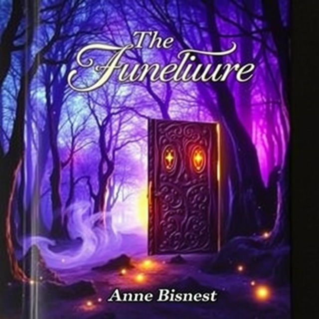 A captivating book cover design featuring a mystical forest at twilight, with vibrant purple and blue hues illuminating the trees