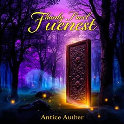 A captivating book cover design featuring a mystical forest at twilight, with vibrant purple and blue hues illuminating the trees