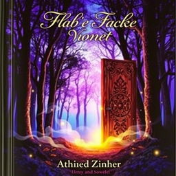 A captivating book cover design featuring a mystical forest at twilight, with vibrant purple and blue hues illuminating the trees