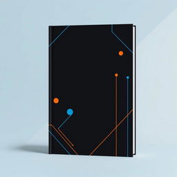 A professional and youthful book cover design featuring a sleek black background adorned with minimalist geometric figures and lines in vibrant blue and orange