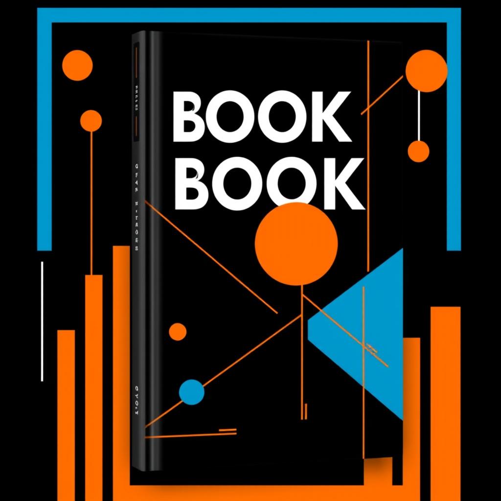 A professional and youthful book cover design featuring a sleek black background adorned with minimalist geometric figures and lines in vibrant blue and orange