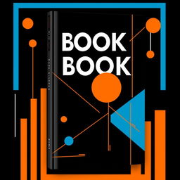 A professional and youthful book cover design featuring a sleek black background adorned with minimalist geometric figures and lines in vibrant blue and orange