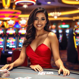 A stunning young woman elegantly dressed in a glamorous cocktail dress, standing confidently at a casino table