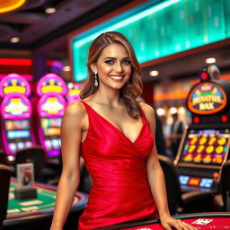 A stunning young woman elegantly dressed in a glamorous cocktail dress, standing confidently at a casino table