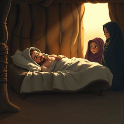 A heartfelt scene depicting the peaceful passing of Prophet Muhammad