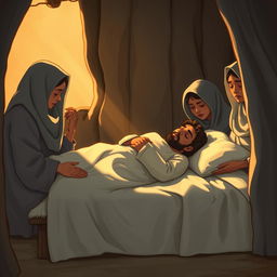 A heartfelt scene depicting the peaceful passing of Prophet Muhammad