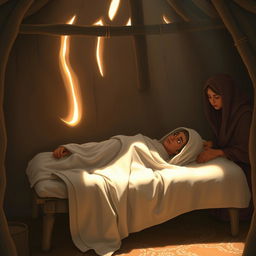 A heartfelt scene depicting the peaceful passing of Prophet Muhammad