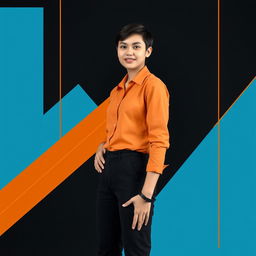 A professional and youthful individual posing confidently against a black background