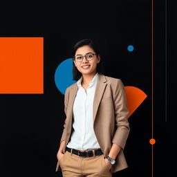 A professional and youthful individual posing confidently against a black background