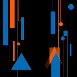 A professional and modern image featuring a black background adorned with dynamic and artistic vertical lines and geometric figures in a striking combination of blue and orange