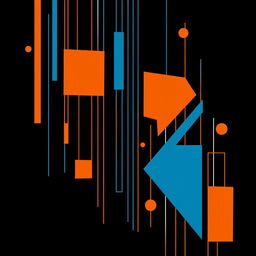 A professional and modern image featuring a black background adorned with dynamic and artistic vertical lines and geometric figures in a striking combination of blue and orange