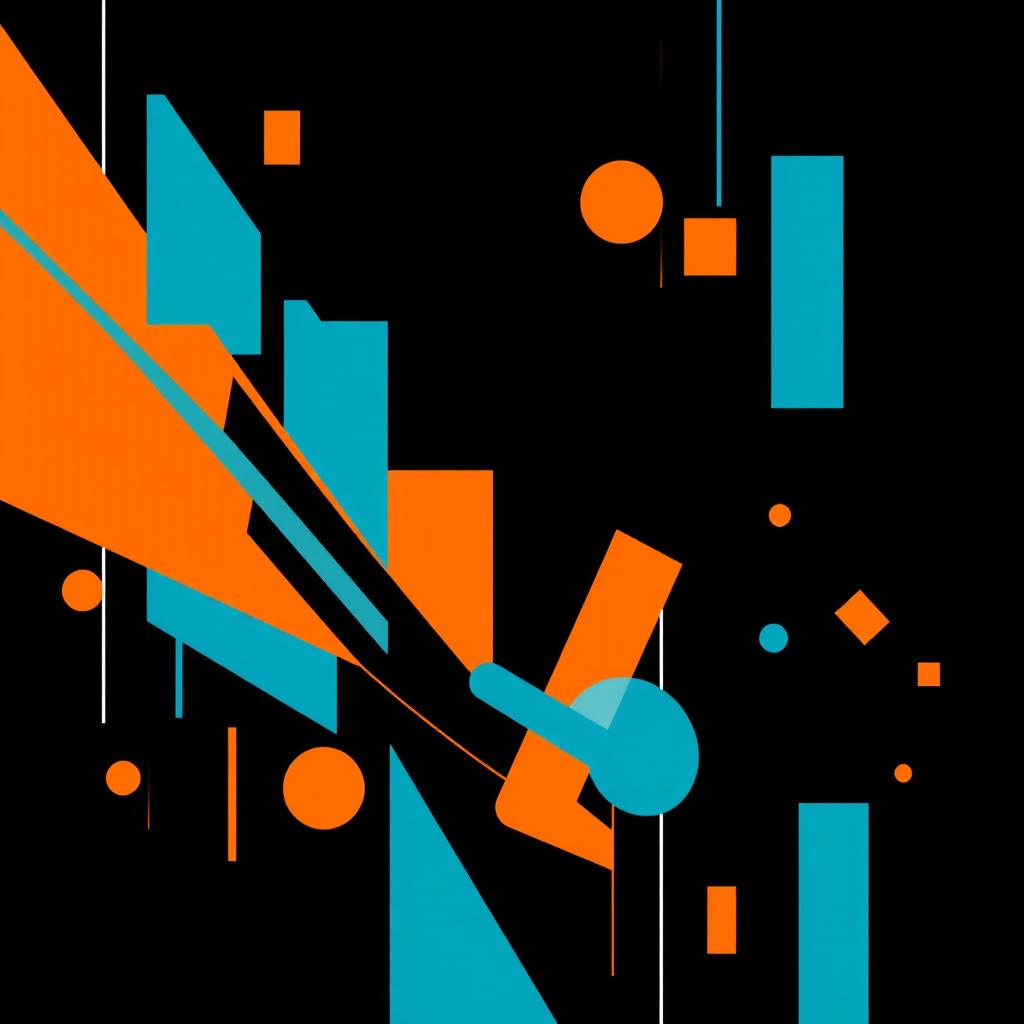 A professional and modern image featuring a black background adorned with dynamic and artistic vertical lines and geometric figures in a striking combination of blue and orange