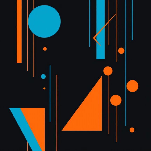 A professional and modern image featuring a black background adorned with dynamic and artistic vertical lines and geometric figures in a striking combination of blue and orange