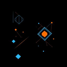 A striking vertical image featuring a black background, adorned with intricate geometric figures and dynamic lines in vibrant blue and orange hues