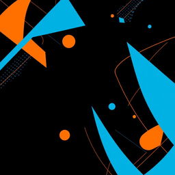 A striking vertical image featuring a black background, adorned with intricate geometric figures and dynamic lines in vibrant blue and orange hues