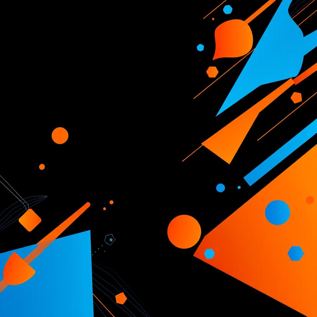 A professional and striking vertical image featuring a black background adorned with dynamic lines and geometric figures in vibrant blue and orange hues