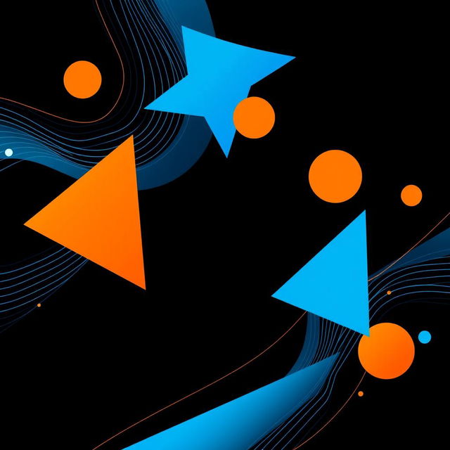 A professional and striking vertical image featuring a black background adorned with dynamic lines and geometric figures in vibrant blue and orange hues