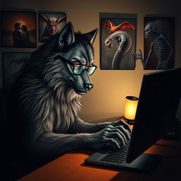 A werewolf wearing stylish glasses intensely typing on a computer