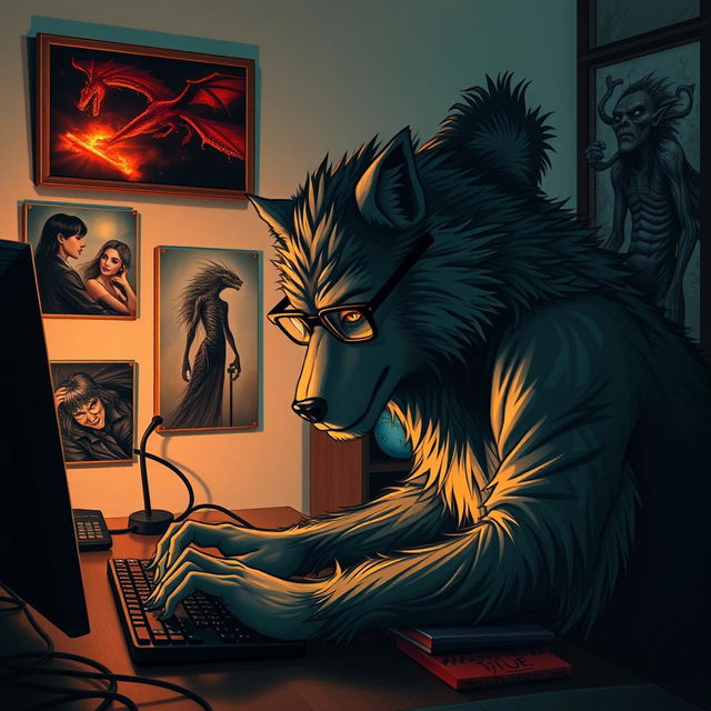 A werewolf wearing stylish glasses intensely typing on a computer