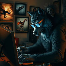 A werewolf wearing stylish glasses intensely typing on a computer