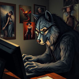 A werewolf wearing stylish glasses intensely typing on a computer