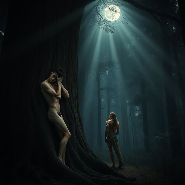 In a dark, mystical forest, a small, hairless, youthful, thin, and muscular naked man embraces a sturdy, ancient tree, his physique highlighted against the textured bark