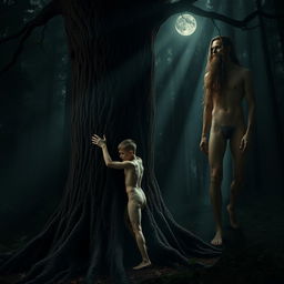 In a dark, mystical forest, a small, hairless, youthful, thin, and muscular naked man embraces a sturdy, ancient tree, his physique highlighted against the textured bark