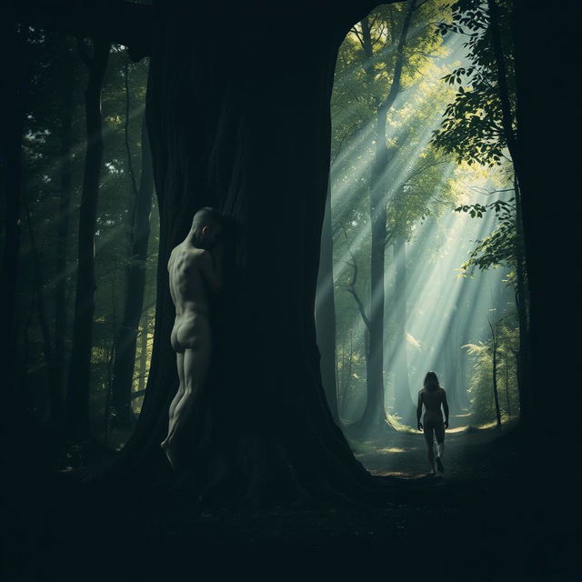 In a shadowy, mystical forest, a small, hairless, youthful, thin, and muscular naked man lovingly hugs the gnarled trunk of a massive tree, his physique emphasized by the dappled light that permeates the canopy