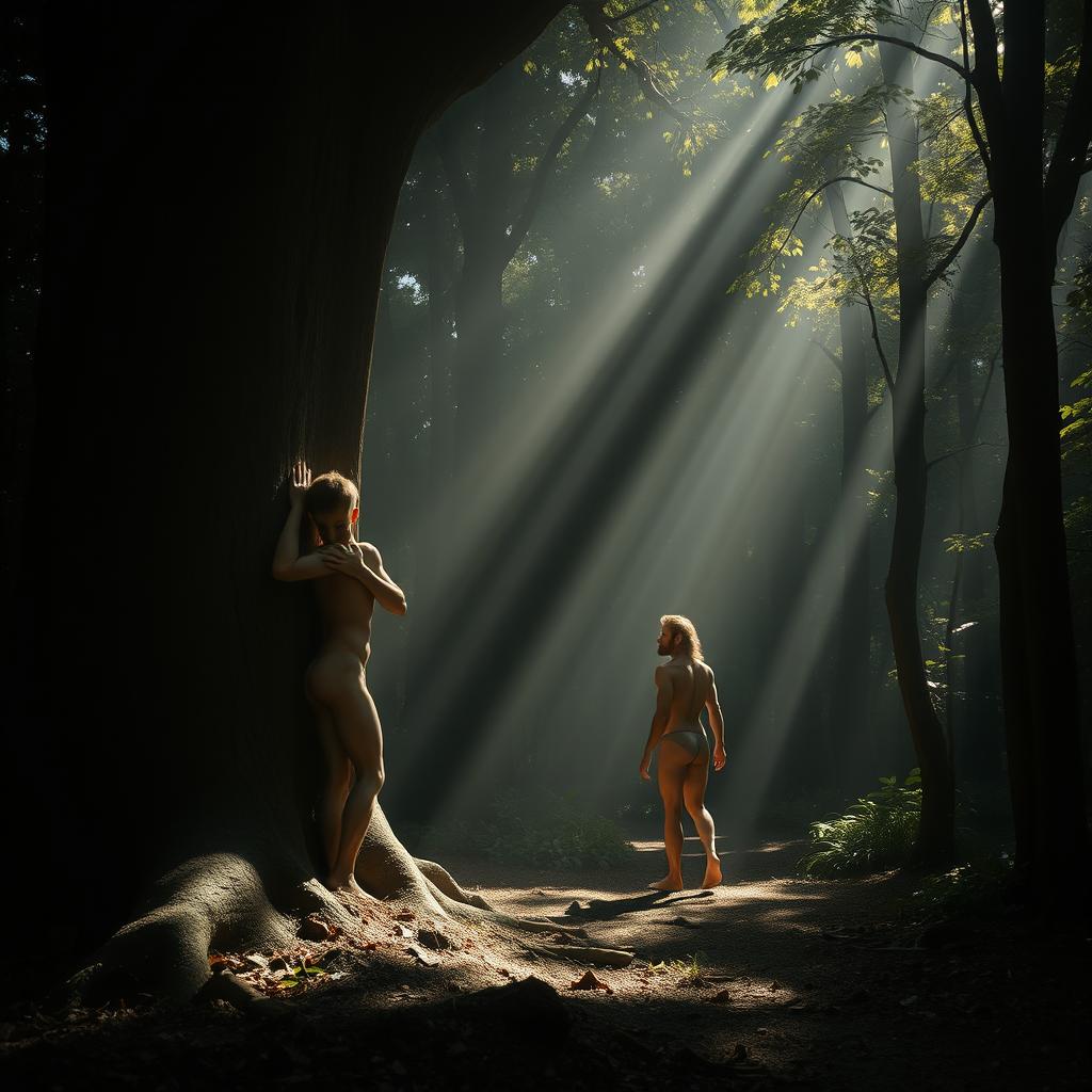 In a shadowy, mystical forest, a small, hairless, youthful, thin, and muscular naked man lovingly hugs the gnarled trunk of a massive tree, his physique emphasized by the dappled light that permeates the canopy