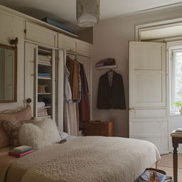 A cozy bedroom featuring a fluffy, inviting bed, an antique wardrobe brimming with clothes, and a dedicated study table complete with task lamp and various academic accessories