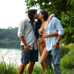 A sensual scene by a tranquil lake featuring a hot Pakistani girl aged 18 with long legs, fully naked and displaying her breasts and navel