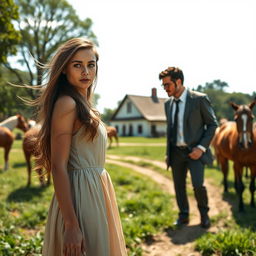 A dramatic scene depicting Julia, a stunning young woman with an independent spirit, standing confidently in her family's rustic farm surrounded by horses and lush greenery