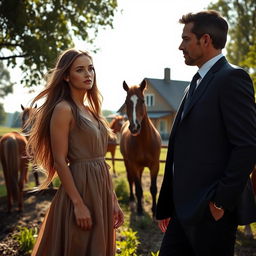 A dramatic scene depicting Julia, a stunning young woman with an independent spirit, standing confidently in her family's rustic farm surrounded by horses and lush greenery