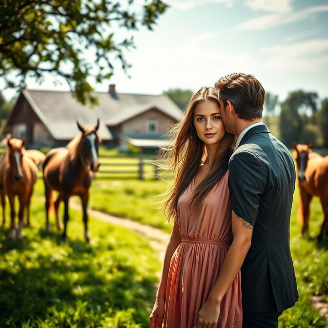 A dramatic scene depicting Julia, a stunning young woman with an independent spirit, standing confidently in her family's rustic farm surrounded by horses and lush greenery