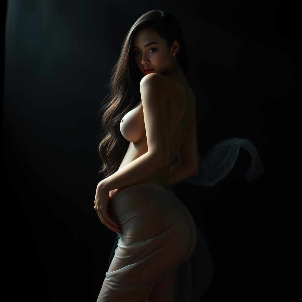 A seductive Thai ghost, featuring an alluringly curvy body with prominent breasts and a shapely backside, stands gracefully in a dark, mysterious setting