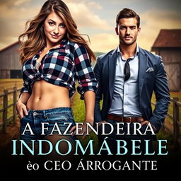 A stunning romance novel cover titled 'A Fazendeira Indomável e o CEO Arrogante', featuring a beautiful young woman with a curvy figure, wearing tight denim shorts and a plaid blouse