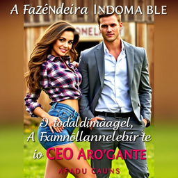 A stunning romance novel cover titled 'A Fazendeira Indomável e o CEO Arrogante', featuring a beautiful young woman with a curvy figure, wearing tight denim shorts and a plaid blouse
