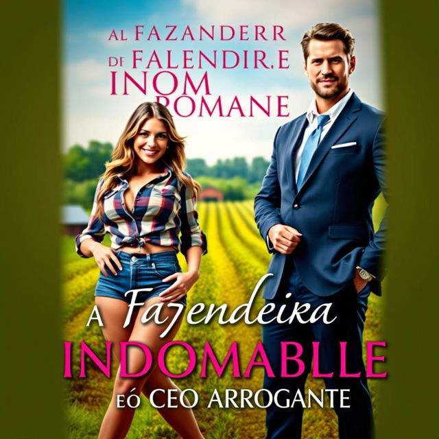 A stunning romance novel cover titled 'A Fazendeira Indomável e o CEO Arrogante', featuring a beautiful young woman with a curvy figure, wearing tight denim shorts and a plaid blouse