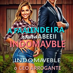 A stunning romance novel cover titled 'A Fazendeira Indomável e o CEO Arrogante', featuring a beautiful young woman with a curvy figure, wearing tight denim shorts and a plaid blouse