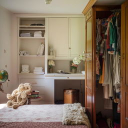 A cozy bedroom featuring a fluffy, inviting bed, an antique wardrobe brimming with clothes, and a dedicated study table complete with task lamp and various academic accessories