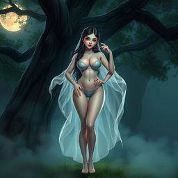 A seductive Thai ghost character, featuring an alluring and shapely body with prominent curves, standing confidently under a large tree